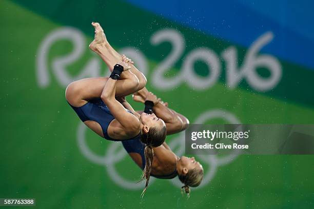 Tonia Couch and Lois Toulson of Great Britain compete in the Women's Diving Synchronised 10m Platform Final on Day 4 of the Rio 2016 Olympic Games at...