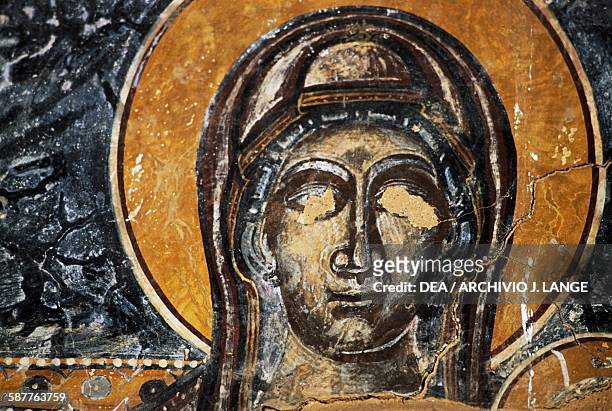 Mary's face, fresco in the Church of Agios Georgios, Pentakia, Mani peninsula, Peloponnese. Greece, 11th century.