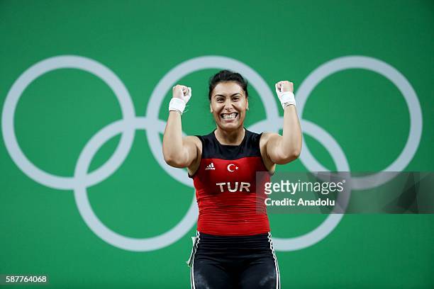 Mehtap Kurnaz of Turkey competes during the Women's 63kg Weightlifting contest of the Rio 2016 Olympic Games on August 9, 2016 in Rio de Janeiro,...