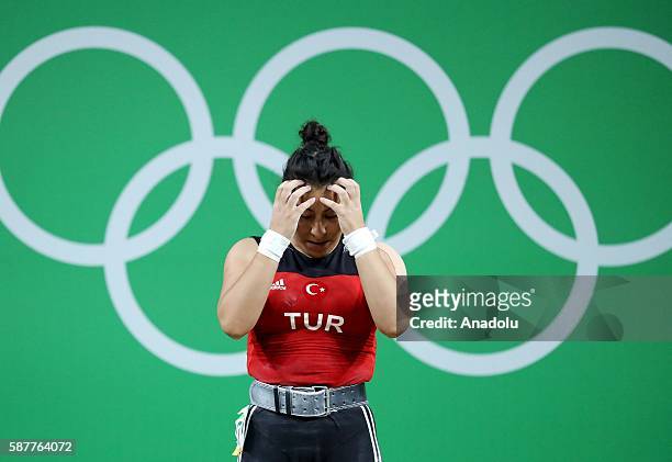 Mehtap Kurnaz of Turkey competes during the Women's 63kg Weightlifting contest of the Rio 2016 Olympic Games on August 9, 2016 in Rio de Janeiro,...