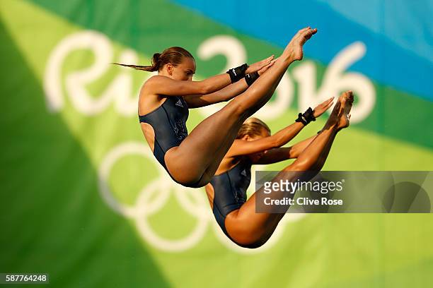 Tonia Couch and Lois Toulson of Great Britain compete in the Women's Diving Synchronised 10m Platform Final on Day 4 of the Rio 2016 Olympic Games at...