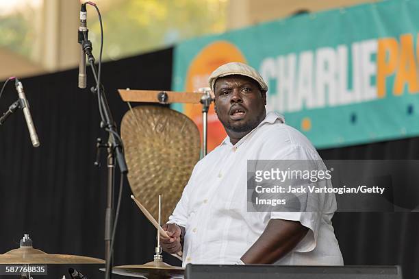 American musician Johnathan Blake plays drums with the Lonnie Smith Trio on the second day of the 23rd Annual Charlie Parker Jazz Festival at the...