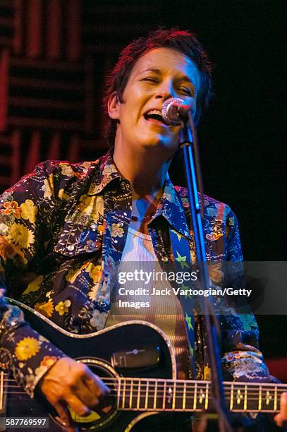 American Country and Folk musician Mary Gauthier plays guitar as she performs at Joe's Pub, New York, New York, October 19, 2005.