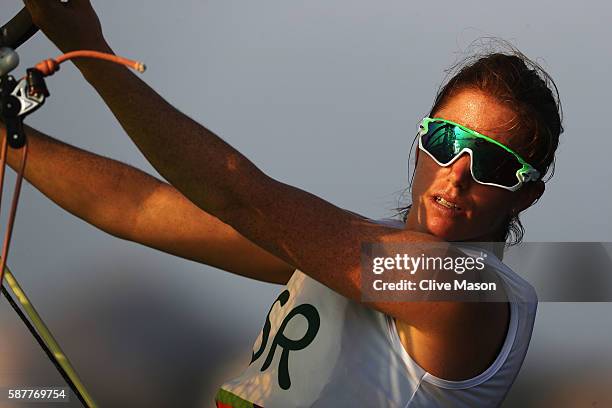 Bryony Shaw of Great Britain competes in the Women's RS:X race on Day 4 of the Rio 2016 Olympic Games at the Marina da Gloria on August 9, 2016 in...