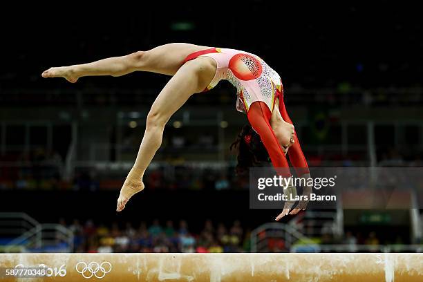 Asuka Teramoto of Japan competes on the balance beam during the Artistic Gymnastics Women's Team Final on Day 4 of the Rio 2016 Olympic Games at the...