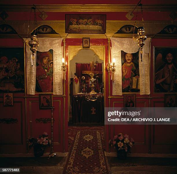 Iconostasis in the Church of Agios Georgios in Monastiraki, near Drama, Eastern Macedonia and Thrace, Greece.