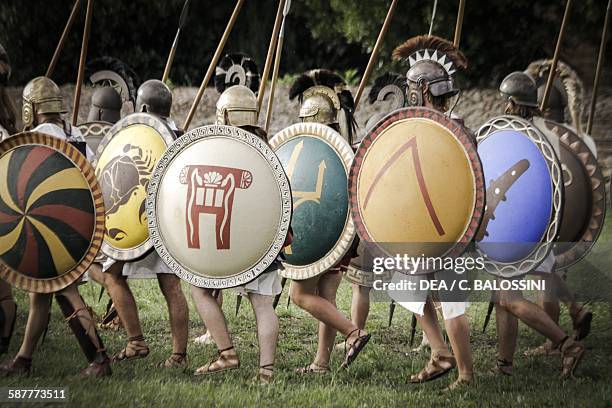 Hoplite phalanx. Ancient Greece, 7th century BC. Historical reenactment.
