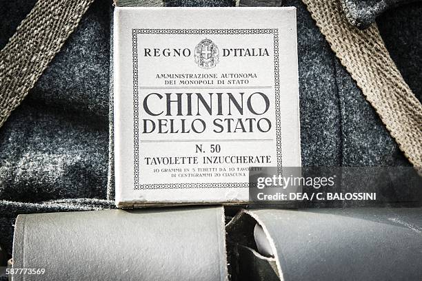 Packet of quinine tablets issued to Italian soldiers. Second World War, 20th century. Historical reenactment.