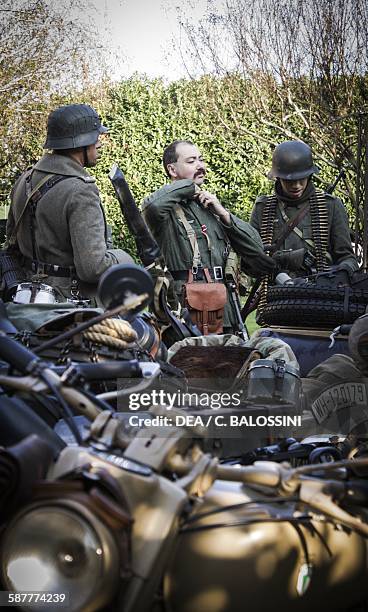 German Wehrmacht unit preparing to move out. Second World War, 20th century. Historical reenactment.