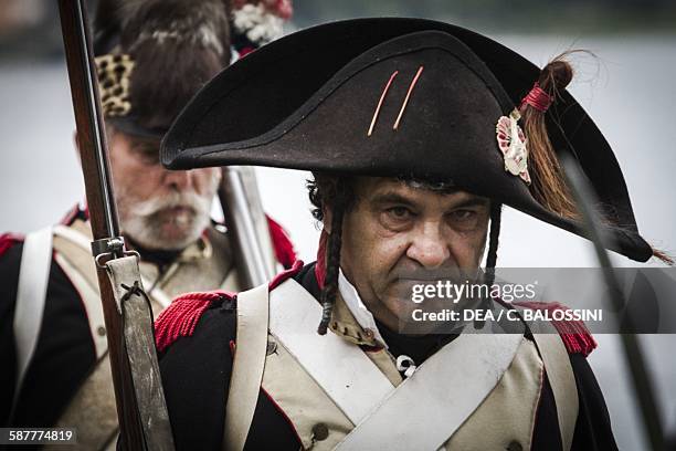 Soldier in Napoleon's army, Italian campaign, 1796-1797. Napoleonic wars, 18th century. Historical reenactment.