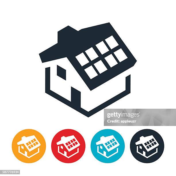 solar home icon - solar panel house stock illustrations