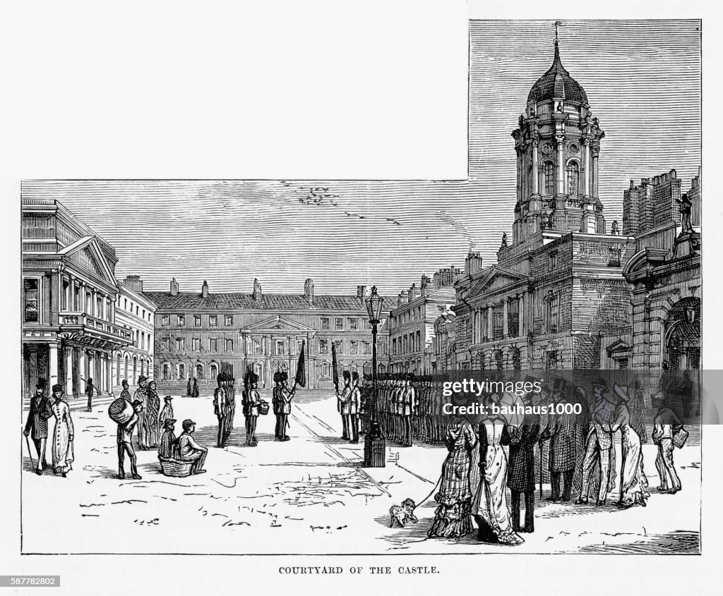 Castle Courtyard, Dublin, Ireland Victorian Engraving, Circa 1840