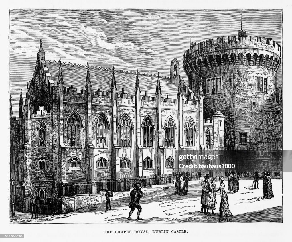 Chapel Royal, Dublin Castle, Dublin, Ireland Victorian Engraving, Circa 1840