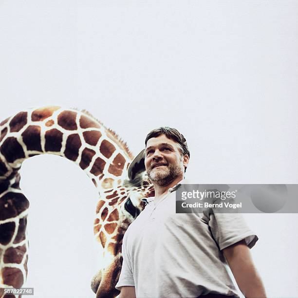 giraffe nuzzling its keeper - zoowärter stock-fotos und bilder