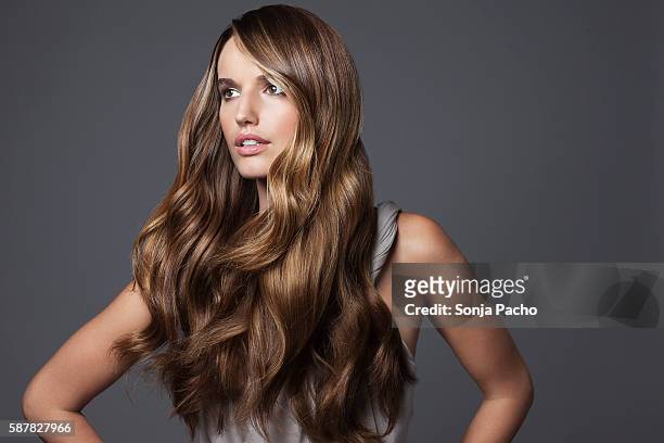 studio portrait of young woman with long brown hair - haare stock-fotos und bilder