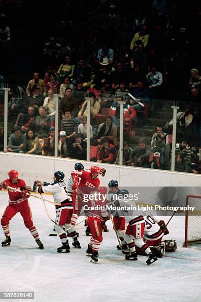 Fight breaks out during a game between the US and USSR Olympic ice hockey teams at the 1980 Winter Olympics in Lake Placid, New York.