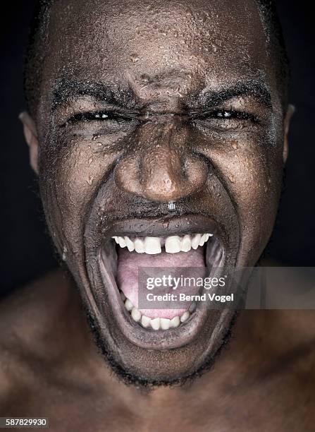 studio portrait of young man screaming - effort face stock pictures, royalty-free photos & images