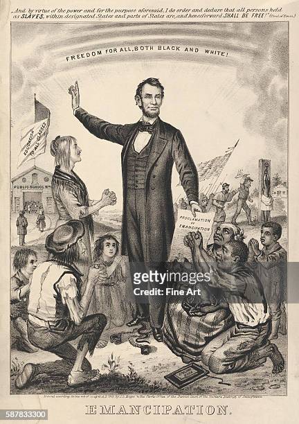 Freedom for All, Both Black and White! poster, honoring Abraham Lincoln's Emancipation Proclamation freeing American slaves. Lithograph printed in...