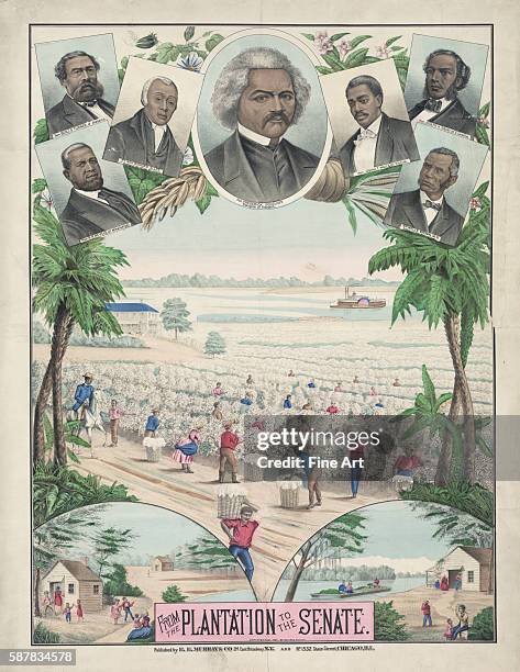 From the Plantation to the Senate, lithograph by Gaylord Watson, published in New York by E.E. Murray & Co. Showing plantation scenes and portraits...