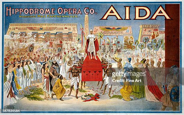 Poster for Giuseppe Verdi's opera Aida, performed by the Hippodrome Opera Company, apparently of Cleveland, Ohio. Published by The Otis Lithograph...
