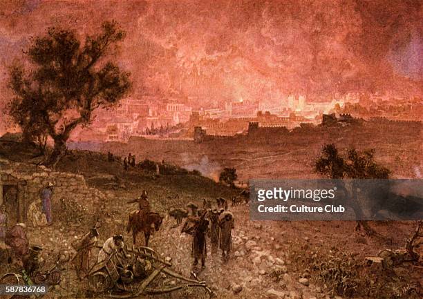 The destruction of Jerusalem by Nebuzar-Adan, sent by Nebuchadnezzar and his captain. C. 586 BCE. . 2 Chronicles 36 : 19-21. And they burnt the house...