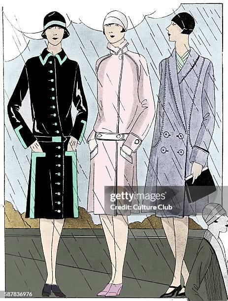 Raincoats in the late 1920s. Heading reads:Les Manteux de Pluie et de Voyage. / Coats for the rain and travelling. Colourised.