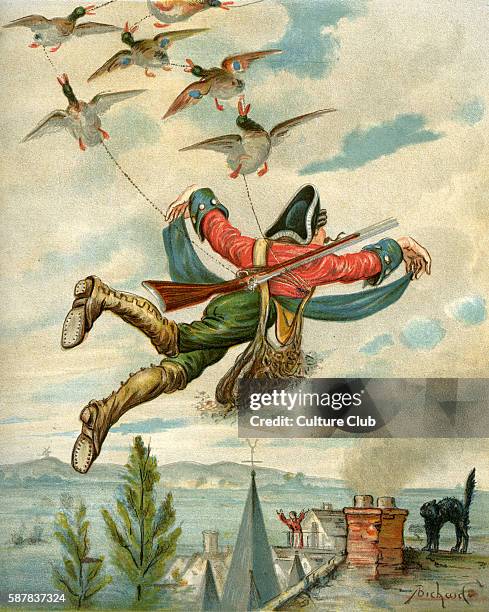 The Adventures of Baron Munchausen illlustrated by Alphonse Adolphe Bichard . Caption reads: The ducks were still alive and strong; they had...