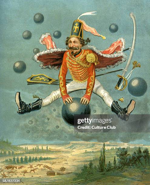 The Adventures of Baron Munchausen illlustrated by Alphonse Adolphe Bichard . Caption reads: I perceived a bullet directed from the fortress against...
