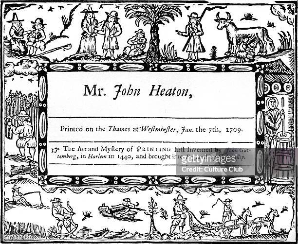 Advertisement of John Heaton, printer. 1709. Reads: Printed on the thames at Westminster, Jan. The 7th, 1709.