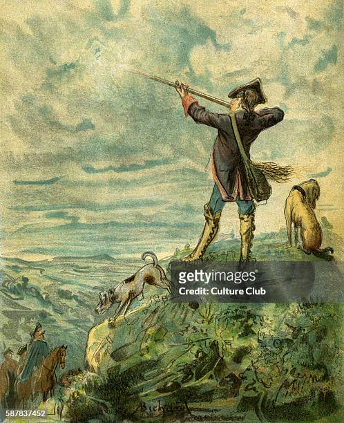 The Adventures of Baron Munchausen illlustrated by Alphonse Adolphe Bichard . Caption reads: Just as I gained the top of the first range of hills...