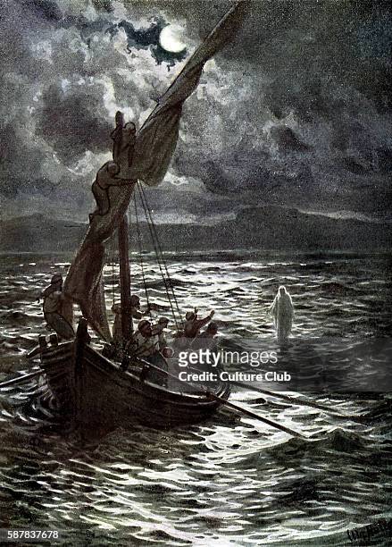Jesus walks on the water on the Sea of Galilee. And he saw them toiling in rowing; for the wind was contrary unto them: and about the fourth watch of...