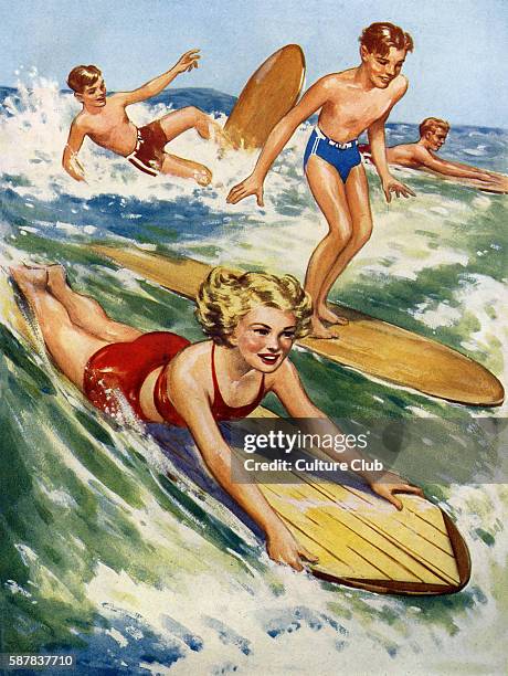 Surf-boarding, early 1950s. Illustration by unknown artist, from The Wonder Book of How Its Done. Caption reads: Surf-boarding - a thrilling seaside...