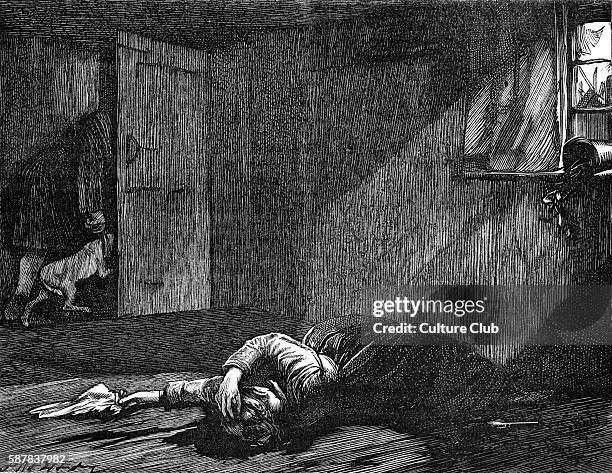 Charles Dickenss The Adventures of Oliver Twist , first published 1838. Caption: He moved, backward, towards the door: dragging the dog with him....