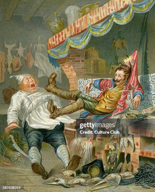 The Adventures of Baron Munchausen illlustrated by Alphonse Adolphe Bichard . Caption reads: ..my chimney, down which I easily glided, to the great...