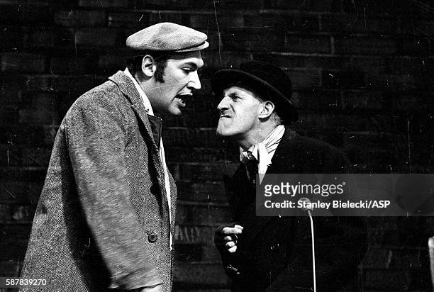 Actors Bernard Bresslaw and Bruce Forsyth impersonating Harry H. Corbett and Wilfrid Brambell from the television comedy 'Steptoe & Son', circa 1970.