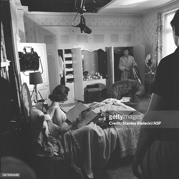 On set making the film 'Life At The Top' with Laurence Harvey and Jean Simmons, United Kingdom, 1965.
