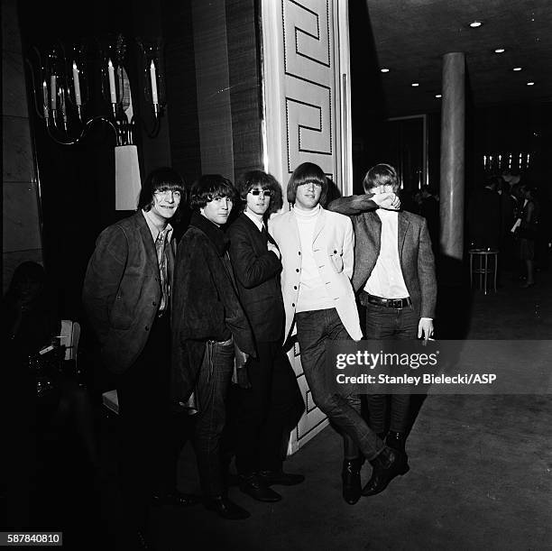 Group portrait of The Byrds at a London hotel, 1965. L-R Gene Clark, David Crosby, Roger McGuinn, Michael Clarke, Chris Hillman.