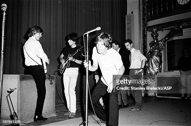 The Rolling Stones on stage during rehearsals for a BBC radio broadcast at the Playhouse Theatre, London, circa 1964. L-R Brian Jones, Keith...