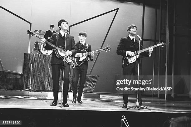 The Beatles perform on Sunday Night At The London Palladium, 13th October 1963. L-R Ringo Starr, Paul McCartney, George Harrison, John Lennon.