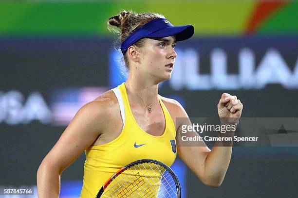 Elina Svitolina of Ukraine reacts during a Women's Singles Third Round match against Serena Williams of the United States on Day 4 of the Rio 2016...
