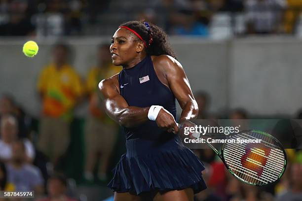 Serena Williams of the United States in action against Elina Svitolina of Ukraine during a Women's Singles Third Round match on Day 4 of the Rio 2016...