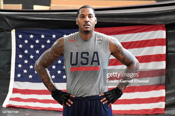 Carmelo Anthony of the USA Basketball Men's National Team attends a practice event during the Rio 2016 Olympic Games on August 9, 2016 at the...