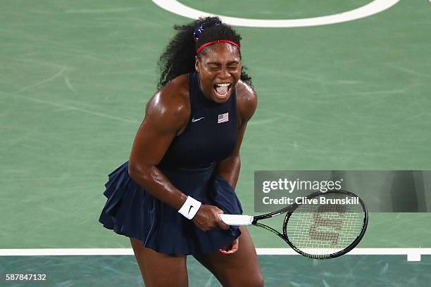 Serena Williams of the United States reacts during a Women's Singles Third Round match against Elina Svitolina of Ukraine on Day 4 of the Rio 2016...