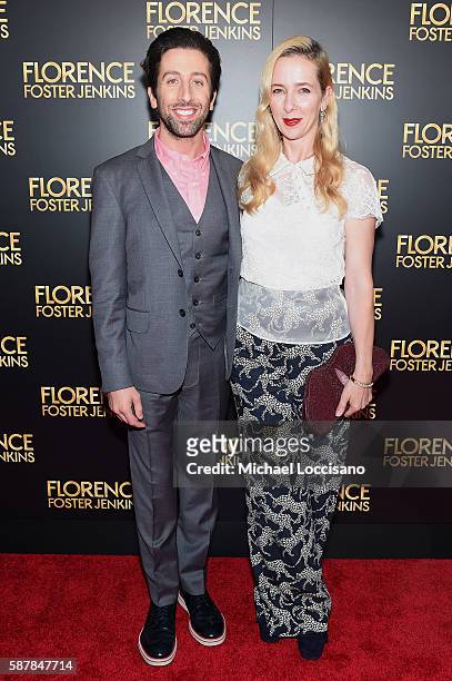 Simon Helberg and Jocelyn Towne attend the "Florence Foster Jenkins" New York premiere at AMC Loews Lincoln Square 13 theater on August 9, 2016 in...