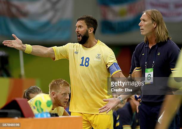 Tobias Karlsson of Sweden reacts to a call in the second half against Egypt on Day 4 of the Rio 2016 Olympic Games at the Future Arena on August 9,...