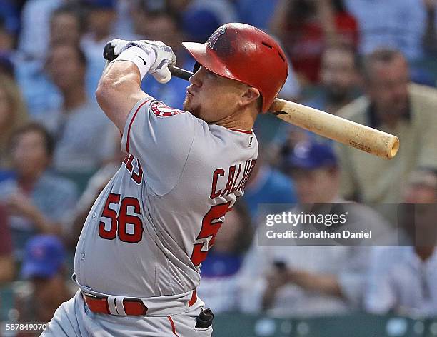 Kole Calhoun of the Los Angeles Angels hits a solo home run in the 1st inning against the Chicago Cubs at Wrigley Field on August 9, 2016 in Chicago,...