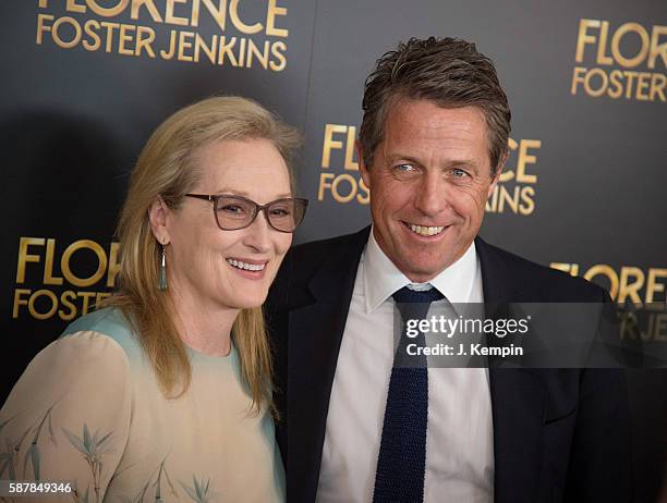 Actors Meryl Streep and Hugh Grant attend the "Florence Foster Jenkins" New York premiere at AMC Loews Lincoln Square 13 theater on August 9, 2016 in...