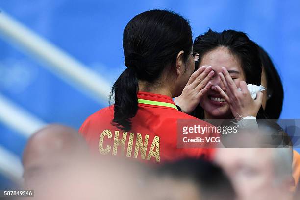 Gold medalist Ruolin Chen of China celebrates after the Women's Diving Synchronised 10m Platform Final on Day 4 of the Rio 2016 Olympic Games at...