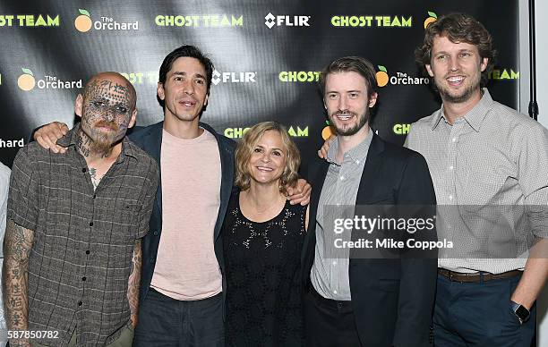 Doug Drucker, Justin Long, Amy Sedaris, Oliver Irving and Jon Heder attend the "Ghost Team" premiere at The Metrograph on August 9, 2016 in New York...