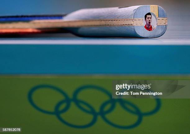 Detail view of the paddle used by Long Ma of China as he takes on Aruna Quadri of Nigeria during the Men's Singles Quarterfinal 2 Table Tennis on Day...